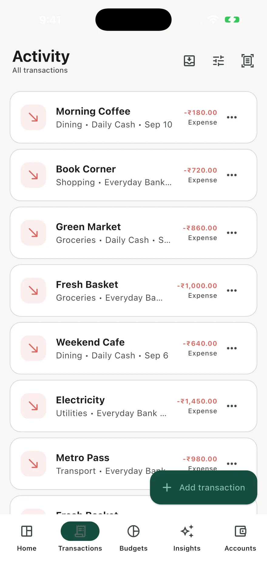 Sanchay transaction history with fictional income and expenses.