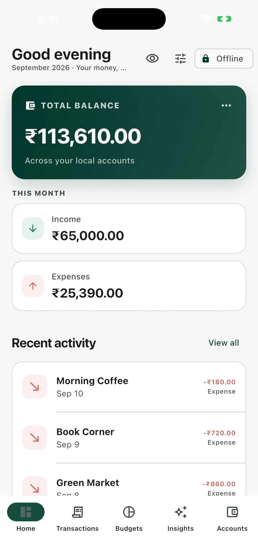 Sanchay Home with a demo balance of ₹113,610, monthly income, expenses, and recent activity.